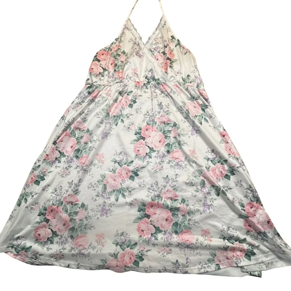 Floral Halter Nightgown Pink Rose Print Lace Trim Satin Sleep Dress‎ Cream Small